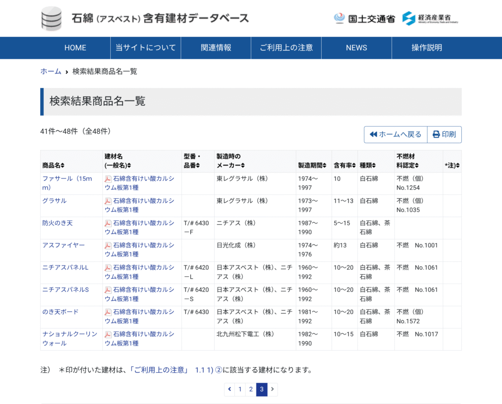 石綿(アスベスト)含有建材データベースの検索結果画面