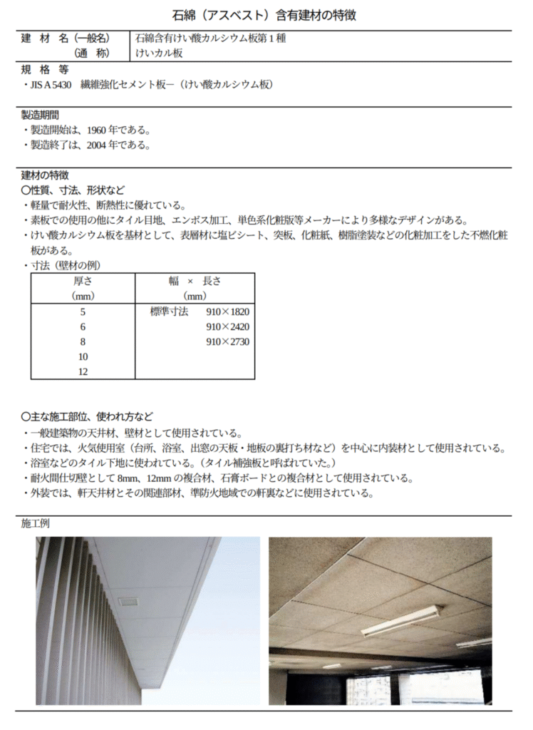 石綿(アスベスト)含有建材データベースの建材ごとの詳細情報